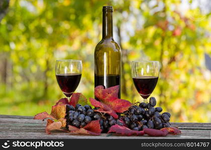 wine bottle and grapes on wooden table outdoor