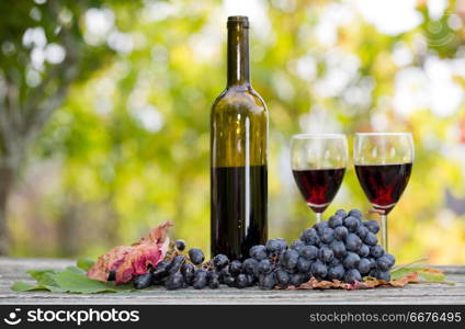 wine bottle and grapes on wooden table outdoor