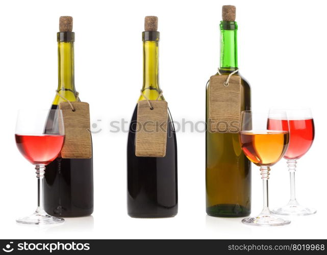 wine bottle and label tag price isolated on white background