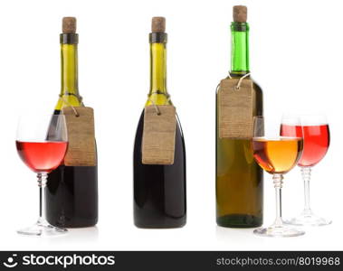 wine bottle and label tag price isolated on white background