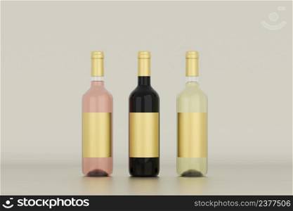Wine Bottle Mock-Up - Three Bottles. Blank gold Label.3d render
