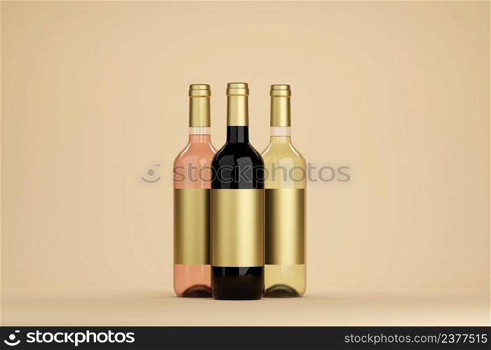 Wine Bottle Mock-Up - Three Bottles. Blank gold Label.3d render