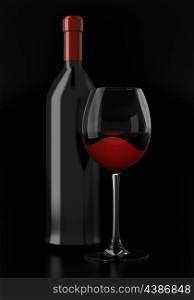 wine bottle with glass of wine isolated on black background