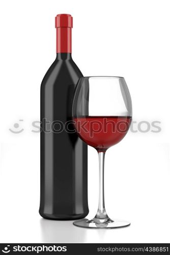 wine bottle with glass of wine isolated on white background