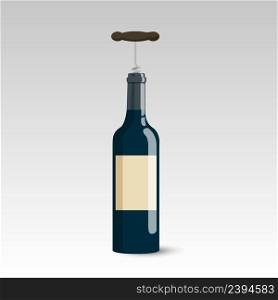 Wine bottle with wine corkscrew shape silhouette on white background. Wine bottle with wine corkscrew shape silhouette on white