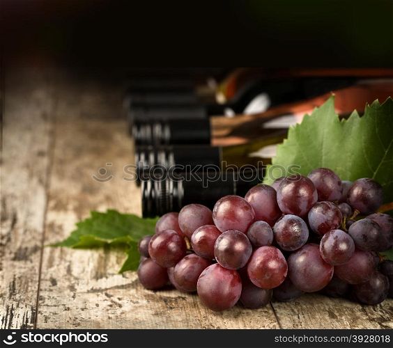 wine bottles and grape vine branch.shallow depth of focus