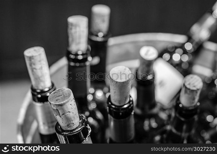 Wine bottles background. Detail of several bottles of wine in an ice bucket