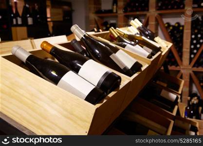 Wine Cellar from Mediterranean with bottles stacked in rows
