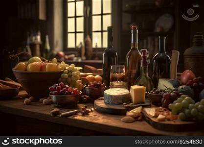 Wine, cheese and grapes in a vintage setup. Neural network AI generated art. Wine, cheese and grapes in a vintage setup. Neural network AI generated