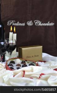 wine chocolate and praline decoration closeup