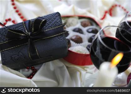 wine chocolate and praline decoration closeup