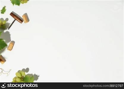 Wine composition on white background . Wine bar, winery, wine degustation concept. Minimalistic trendy photography. Copy space