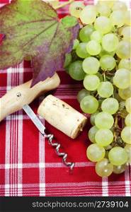 Wine Cork, Corkscrew and green grape