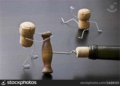 wine corks and bottle with corkscrew