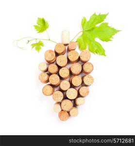 Wine corks isolated on white in grape shape with green leaf