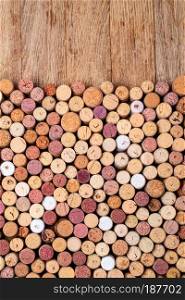 wine corks on wooden table with copy space