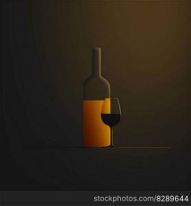 Wine glass and bottle concept. Minimalistic square emblem illustration of alcoholic or zero alcohol drink on dark color background for wineries, wine restaurants. AI Generative content