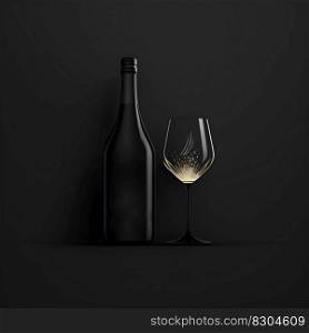 Wine glass and bottle concept. Minimalistic square emblem illustration of alcoholic or zero alcohol drink on dark color background for wineries, wine restaurants. AI Generative content