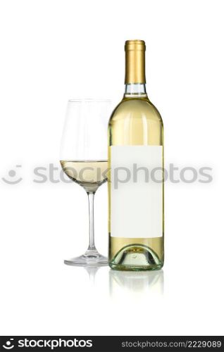 Wine Glass and Bottle with Blank Label Ready For Graphic and Text Isolated on White.