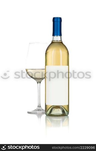 Wine Glass and Bottle with Blank Label Ready For Graphic and Text Isolated on White.