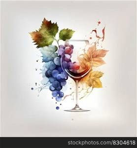 Wine glass and grape concept. Minimalistic square emblem watercolor illustration of alcoholic or zero alcohol drink on neutral color background for wineries, wine restaurants. AI Generative content