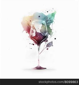 Wine glass minimalistic square emblem watercolor illustration of alcoholic or zero alcohol drink on neutral color background for wineries, wine restaurants, local vineyards. AI Generative content