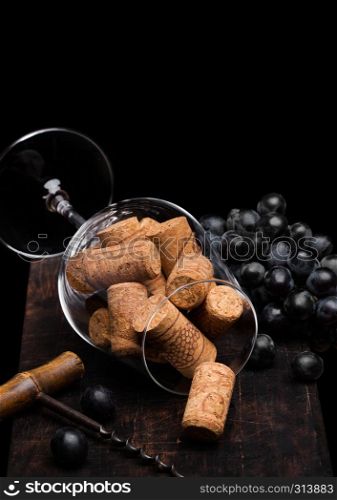 Wine glass with corks inside with vintage corkscrew opener and dark grapes on wooden board on black