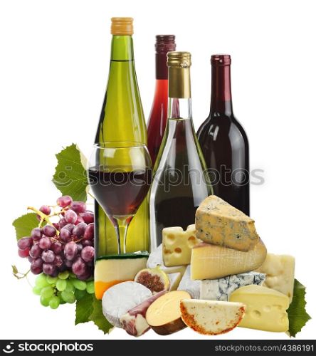 Wine ,Grape And Cheese Isolated On White
