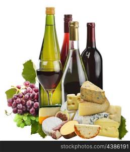 Wine ,Grape And Cheese Isolated On White