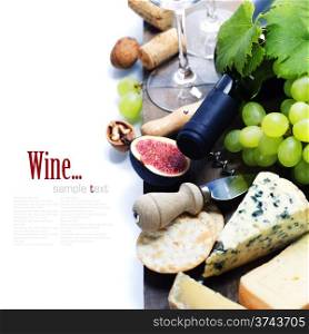 Wine, grape and cheese over white. With easy removable sample text