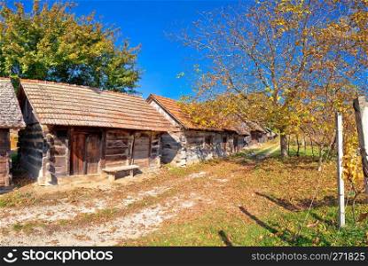 Wine historic street vineyards and wooden cottages view, landscape of Kalnik region in Croatia