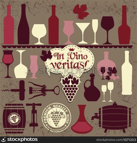 Wine icons design set. Vector stock illustration.. stock illustration. Pattern of wine icons on dark.