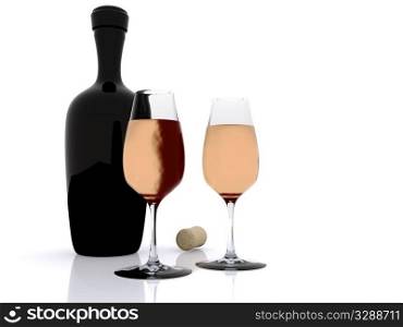 wine in wineglasses with bottle