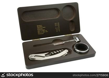 Wine serving set with wooden box isolated on a white background