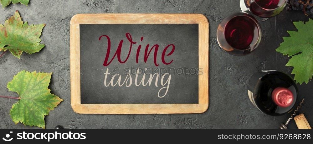 Wine testing concept, Old scripted frame on dark background, banner. Wine testing concept on dark background flat