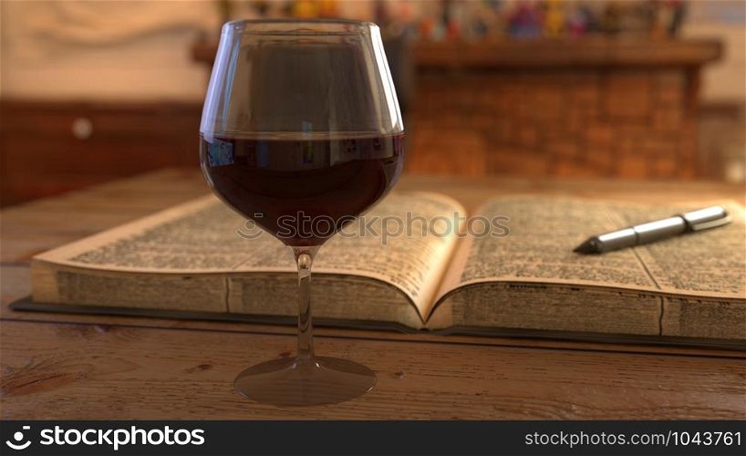 Wine with background book and pen. 3D rendering