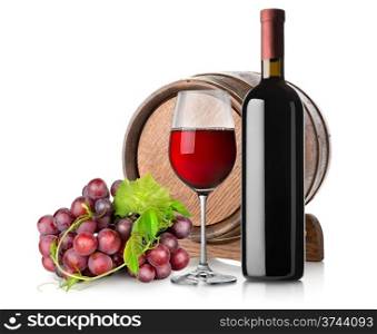 Wine with grape and barrel isolated on white