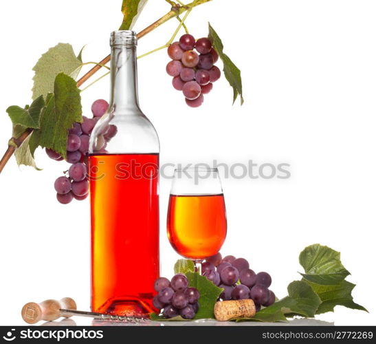 wine with red grape branch isolated on white