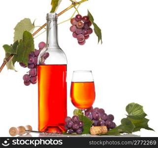 wine with red grape branch isolated on white