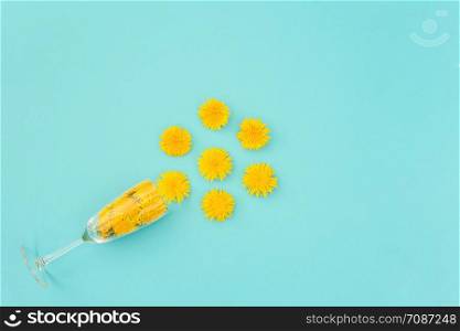 Wineglass with yellow dandelions flowers on blue background. Concept dandelion wine, health care, herbal medicine or homeopathy. Copy space Creative Flat lay Template for postcard, text, design.. Wineglass with yellow dandelions flowers on blue background. Concept dandelion wine, health care, herbal medicine or homeopathy. Copy space Creative Flat lay Template for postcard, text, design