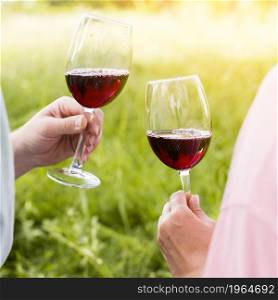 wineglasses with red wine hands couple picnic. High resolution photo. wineglasses with red wine hands couple picnic. High quality photo
