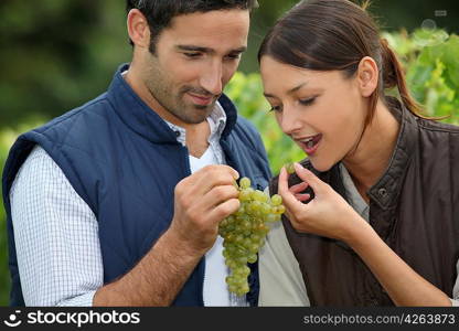 Winegrowers with bunch of grapes