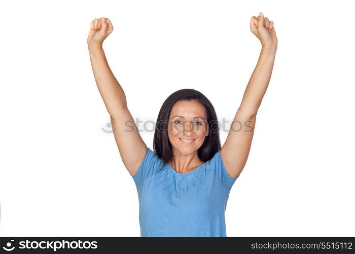 Winer girl celebrating success isolated on white background