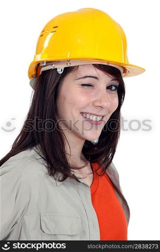 Wink from a female construction worker