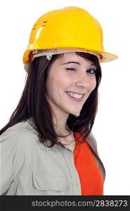 Wink from a female construction worker