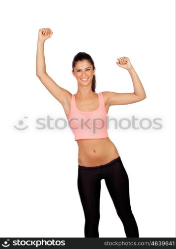 Winner attractive girl with sports clothes isolated on a white background