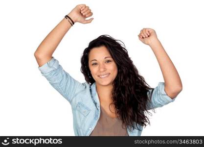 Winner attractive woman isolated on a over white background