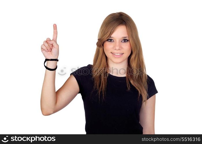 Winner blond woman with black shirt asking to speak isolated on white background