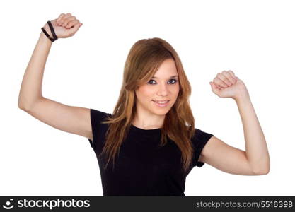 Winner blond woman with black shirt isolated on white background