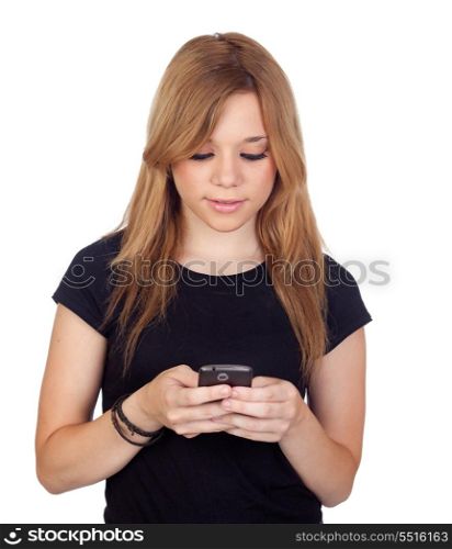 Winner blond woman with black shirt typing a message on mobile isolated on white background